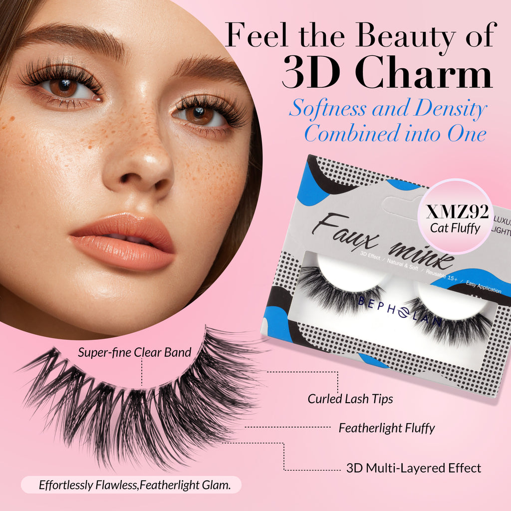 Bepholan Fake Eyelashes 5D Super Fluffy False Eyelashes Clear Band Wispy Lashes 3-Pack Faux Mink Lashes(XMZ92)
