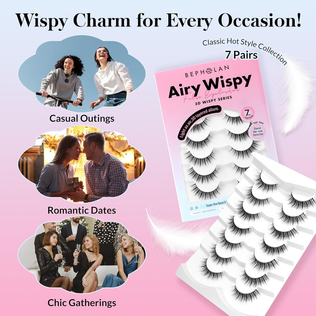 Bepholan 7 Pairs False Eyelashes Natural Look Wispy Strip Cat Eye Lashes Reusable (W08)