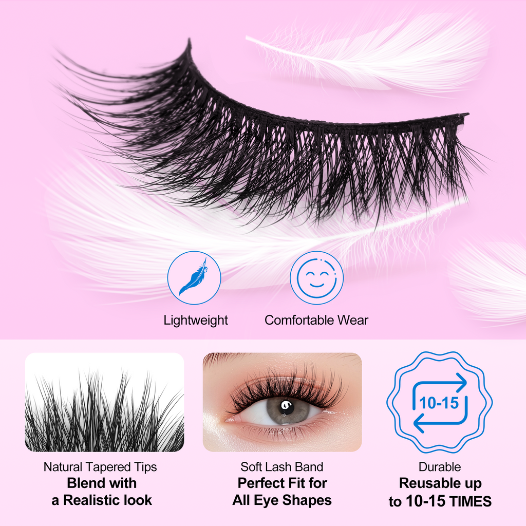Bepholan Fake Eyelashes 3D Super Fluffy False Lashes Clear Band Wispy Lashes 3-Pack Faux Mink Lashes(XMZ24)