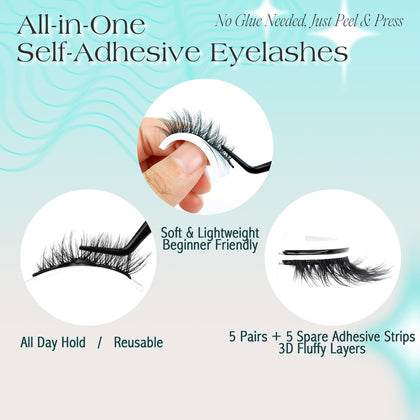 Bepholan 5 Pairs Self Adhesive Eyelashes Natural Look No Glue Needed False Eyelashes Reusable Press On Lashes of Replacement Adhesive Strips